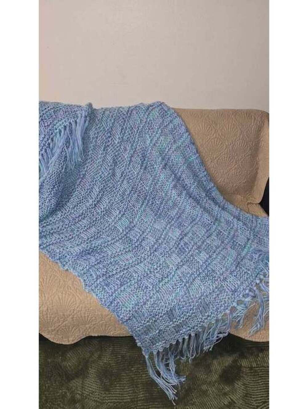 Handmade Knit Throw Blanket Blue Multicolor with Fringe 60x50 in